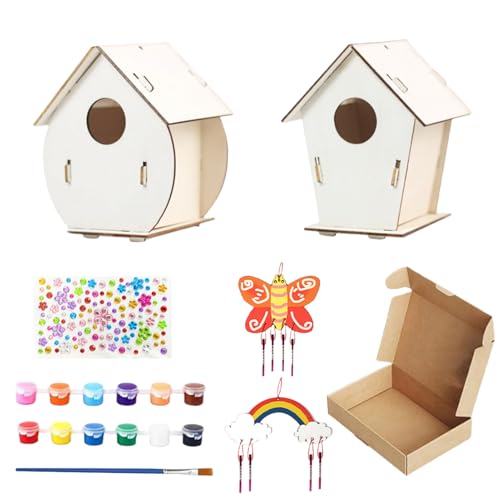 Bird House, Vogelhaus-Kit, Versammlungshandwerk, pädagogisches Outdoor-Spielzeug, 2 Sets Wood Birdhouse enthält Farben und Pinsel für Kinder im Alter von 4 bis 8 Arts & Crafts Project Lernak von zwxqe