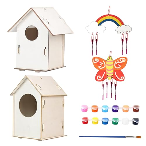 Bird House, Vogelhaus-Kit, Versammlungshandwerk, pädagogisches Outdoor-Spielzeug, 2 Sets Wood Birdhouse enthält Farben und Pinsel für Kinder im Alter von 4 bis 8 Arts & Crafts Project Lernak von zwxqe